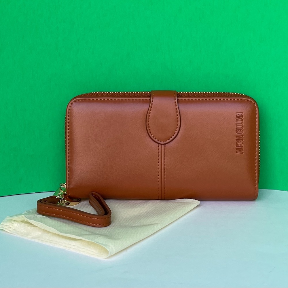 NEW! Alena Culian Soft Leather Long Wallet Wristlet Brown with Dust bag